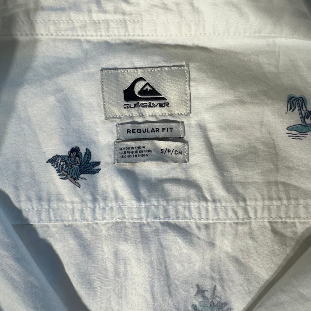 Quiksilver Mens Small White Tropical Print Short Sleeve Button Down Shirt Cotton